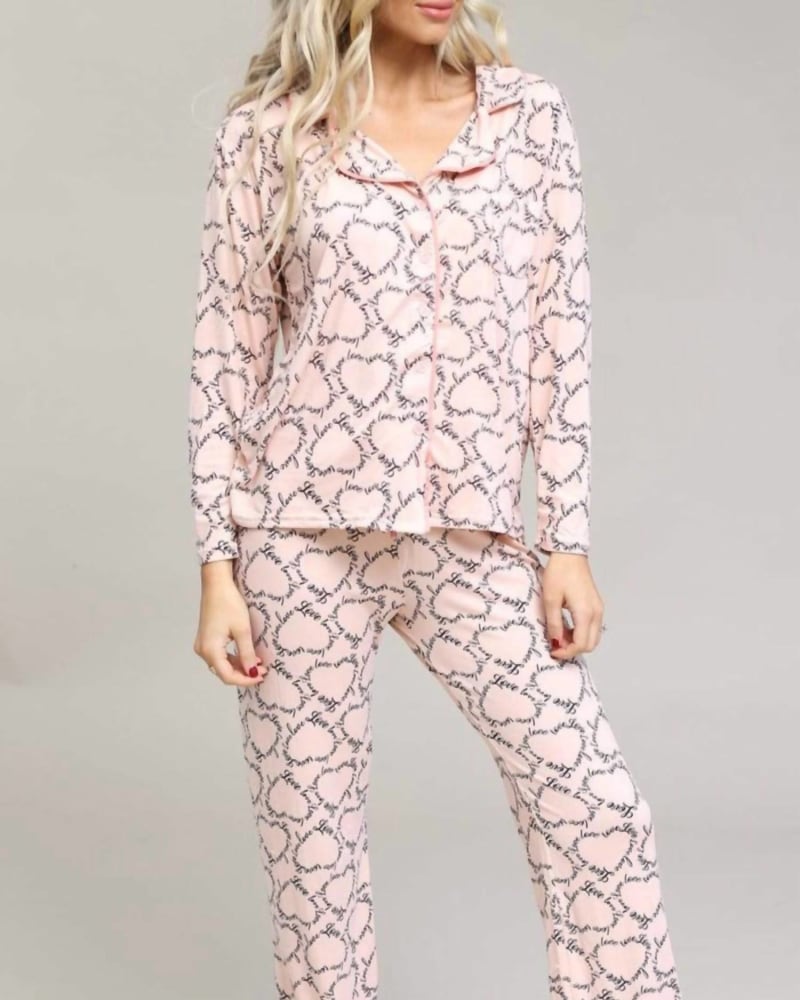 Front of a model wearing a size L Love Pajama Set in Pink in Pink by Delia's. | dia_product_style_image_id:336060